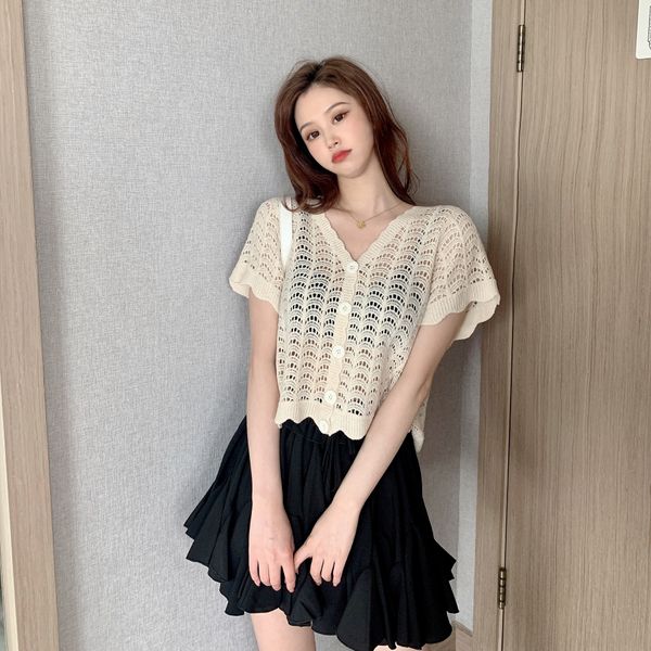 

2020 new hollow-out knitwear short sleeve knitwear women's summer french niche versatile single-breasted solid color cardigan, White;black