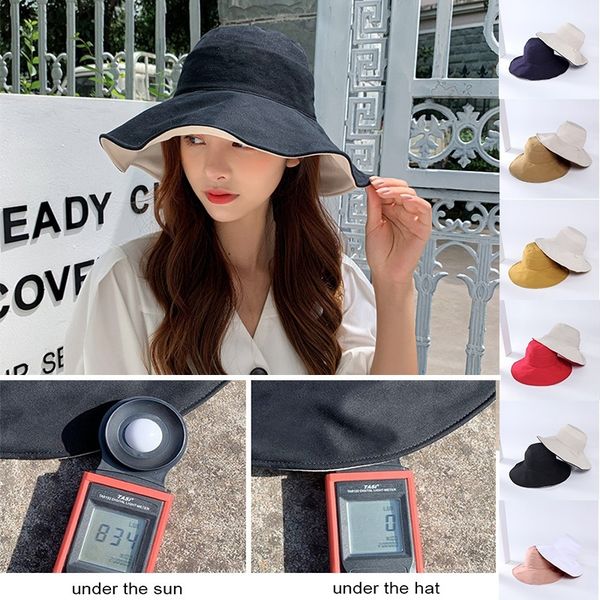 

both sides broad-brimmed hat japanese style women outdoor uv protection bucket hat foldable wide brim beach sun, Blue;gray