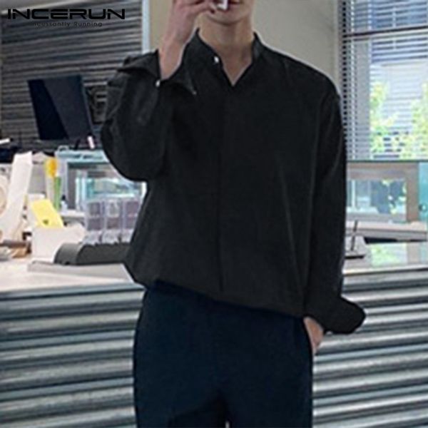 

incerun fashion men casual shirt streetwear long sleeve stand collar button camisas 2020 korean solid color men brand shirts 5xl, White;black