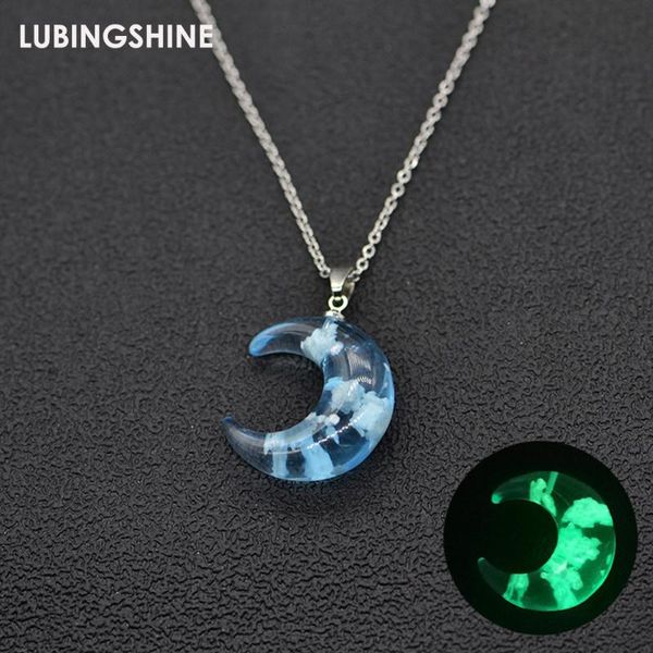 

luminous crystal glass necklace moon pendant blue sky white cloud transparent necklaces for women fashion party jewelry gift, Silver