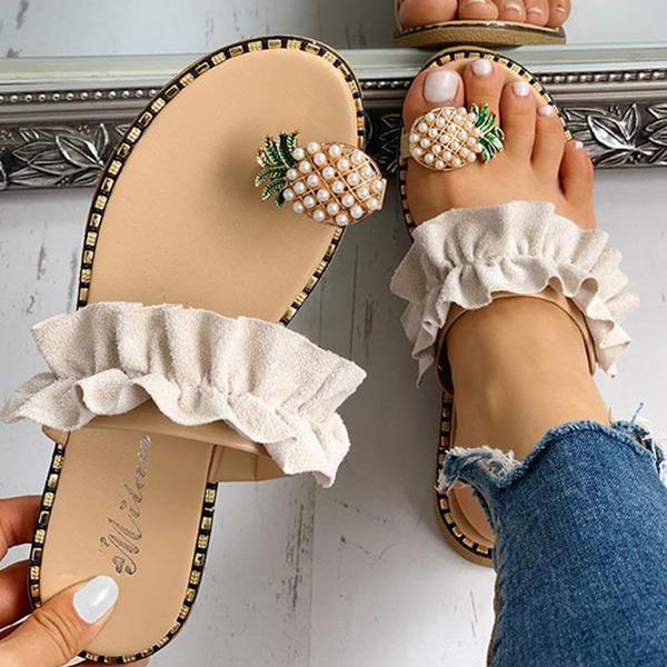 

women slipper pineapple pearl flat toe bohemian casual shoes beach sandals ladies shoes platform sandalias de mujer verano 2020, Black