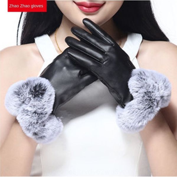 

winter big fur leather warm gloves and women's riding warm thickened touch screen pu velvet full finger gloves, Black