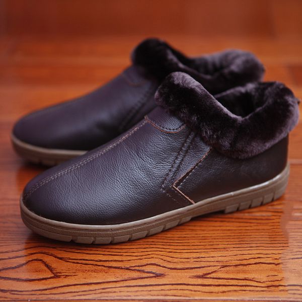 

genuine leather winter warm shoes men and women heel protective indoor slippers aged people comfortable anti-skip home slippers, Black