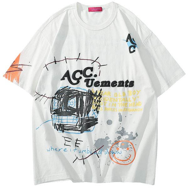 

graffiti letters printed short-sleeved t-shirt men's european and american tide brand oversize hip hop lazy wind loose half sleeve, White;black