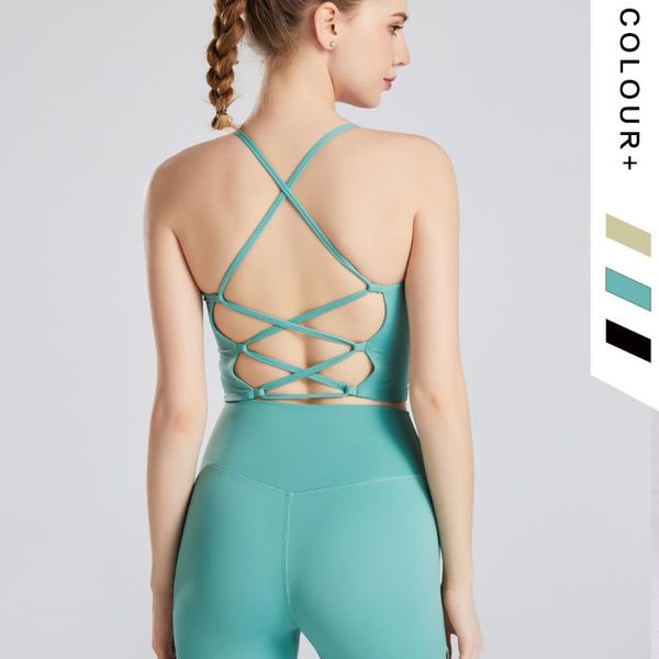 

gym clothing soft nylon yoga vest 2021 women back cross bandage fitness shockproof sports bra jogger dance with padded, White;black