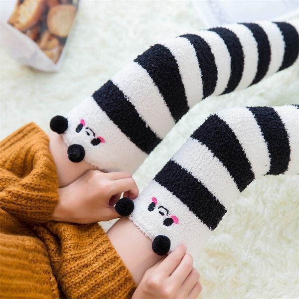 

winter long tube coral fleece women's over-knee thickened warm and socks warm sleep towel striped socks, Pink;yellow