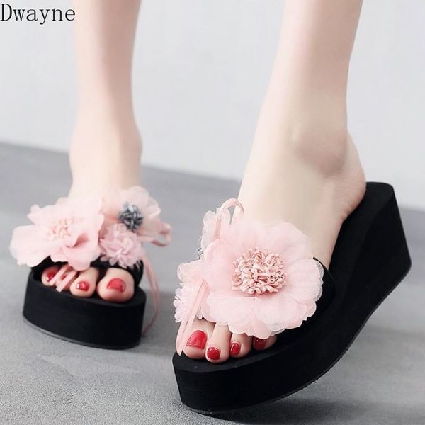 

fashion flower word drag female 2020 new thick bottom beach slippers, Black