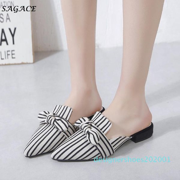 

vintage striped bowknot slipper women fashion pointed toe slip on flat shoes woman casual sandals flip flops summer slipper2020 c1, Black