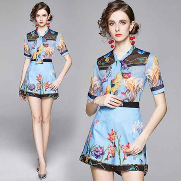 

luxuriy designer print women set sweet short sleeve tassels shirt + high waist shorts female fashion chiffon 2 piece set, White