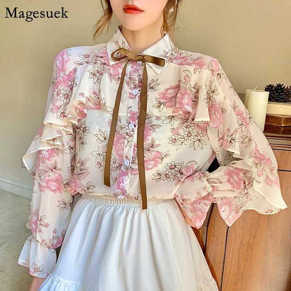 

2020 autumn pritnted floral women blouse ruffles chiffon shirts women long sleeve womens blouses lady blusas mujer 10449, White