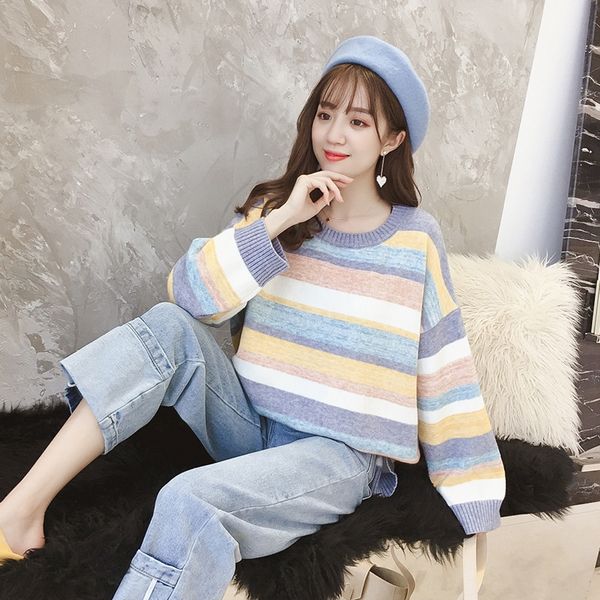 

2019 new knitted sweater women's sweater pullover korean style loose large size cute rainbow striped pullover short base shirt, White;black