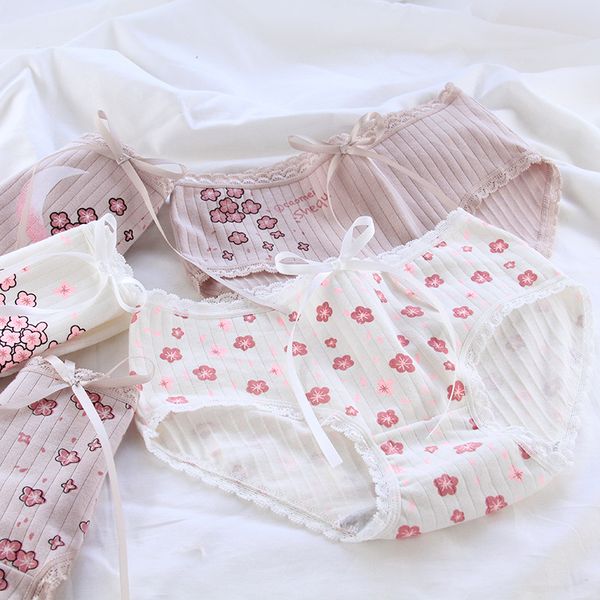 

women's panties 95% cotton women lace cute underwear underpants girls floral pattern briefs with bow, Black;pink
