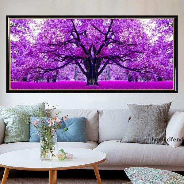 

new 5d diy diamond painting cross stitch purple cherry tree embroidery handmade resion round diamond living room decor 120x45cm t200117
