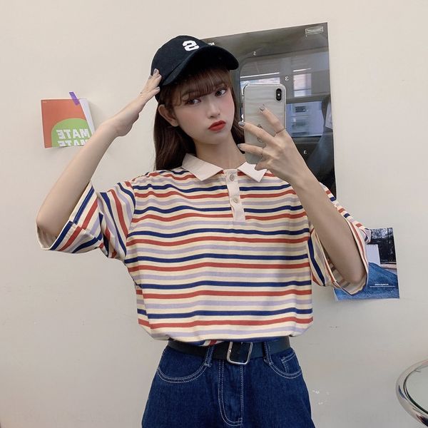 

женская корейском стиле полосатые поло воротник короткими рукавами корейских женщин типа полосатые футболки поло воротник короткими рукавами, White