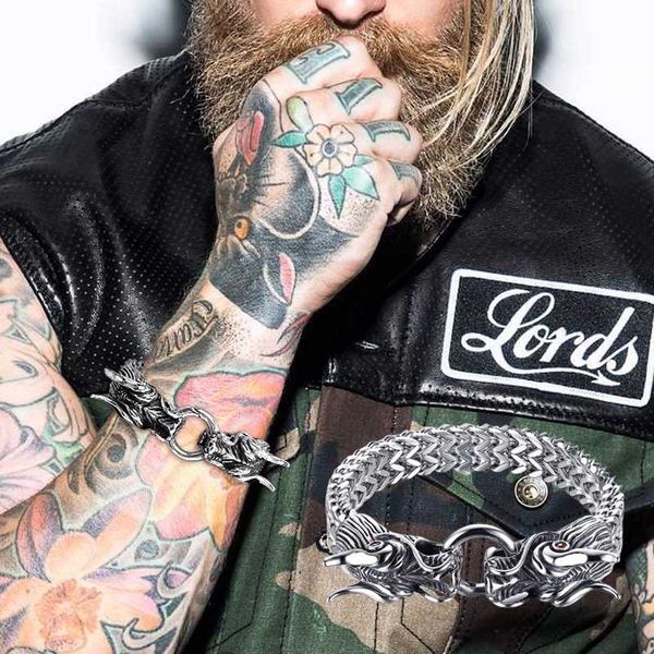 

metallic men's naga dragon head bracelet on double foxtail chain for men stainless steel jewelry with 8.6 inch, Black