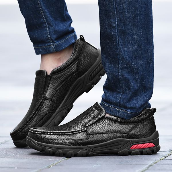 

fashion mens loafers genuine leather mens casual shoes waterproof walking shoes plush warm soft moccasins big size 48, Black