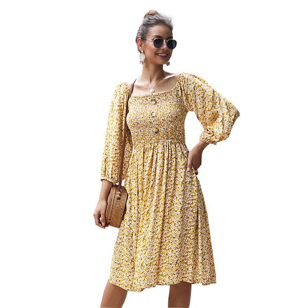 

2020 New Lady Long Sleeve Printed Casual Dress with Buttons for Summer Autumn