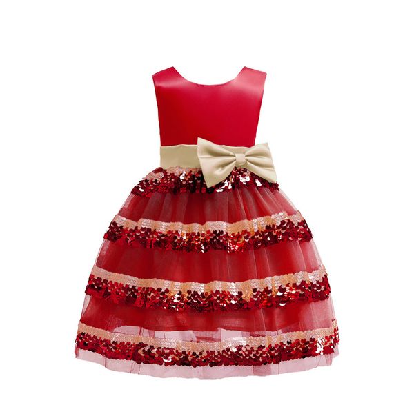 

children formal dresses of elegant tulle sequined for party with bow in three color for2-12 years old, Red;yellow