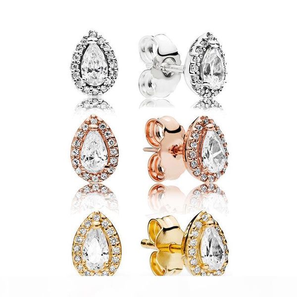 

i 18k rose gold plated shining tear drop stud earring logo original box for pandora 925 sterling silver teardrop earrings women wedding, Golden;silver