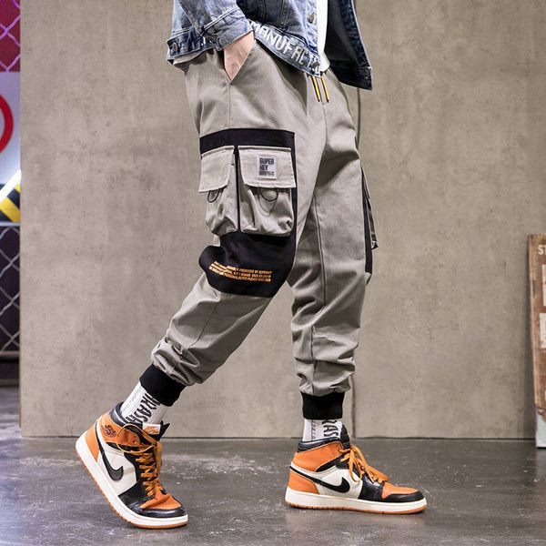 

japan cargo pants men loose hip hop streetwear joggers korean pocket patchwork harem pants ankle length trousers techwear males, Black