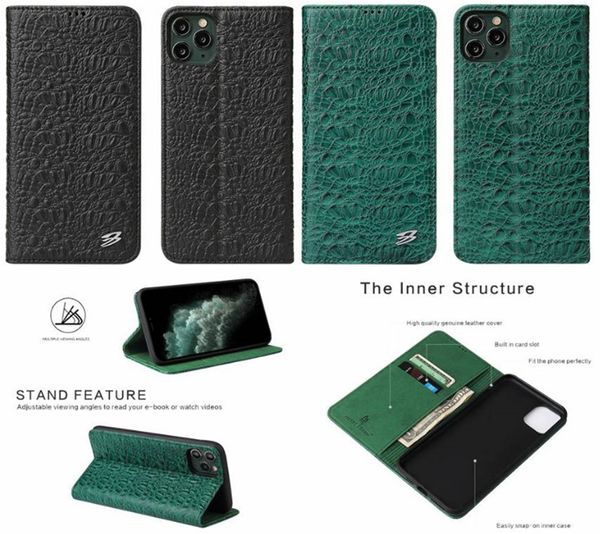 Caixa de couro de impressão de crocodilo genuíno para iPhone 13 12 Mini 11 Pro Max Samsung Galaxy S22 Ultra S21 S20 Slot Cartão Jacaré Aligador Carteira de Grã