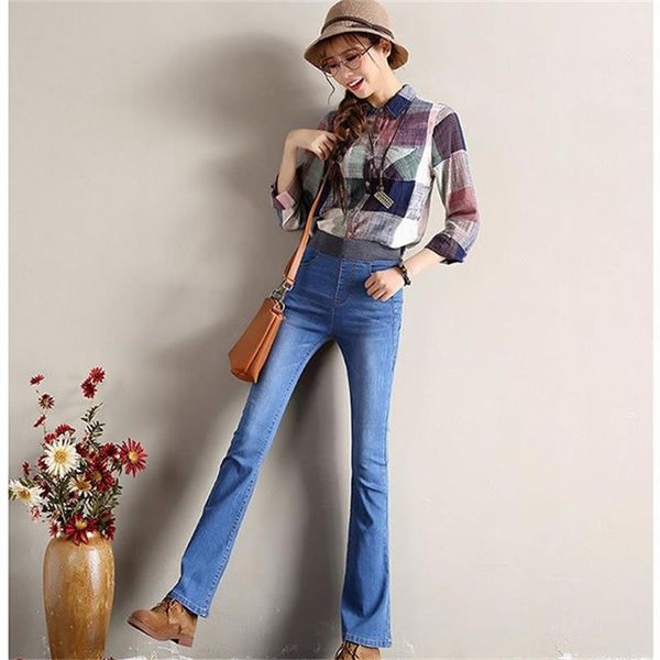 

new 2020 women's causul boot cut jeans girls bell-bottom trousers high waist flareselastic pants plus size 26-34, Blue