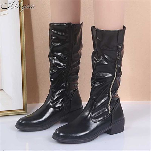 

2020 women winter mid-calf boots fashion pu leather boots zipper warm mid-calf for women shoes mid heel botas mujer, Black
