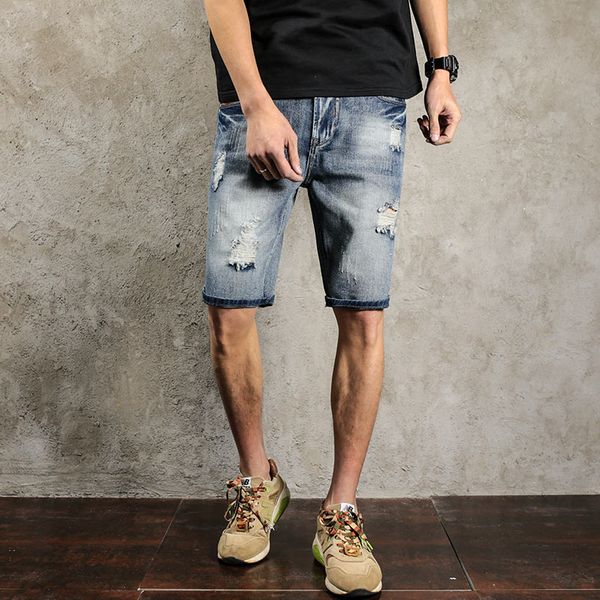 

2020 summer men's short jeans pants classic blue ripped straight denim shorts men scratched knee length mens jeans plus size