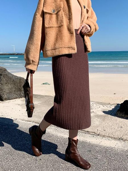 

women knitted long skirts fashion casual female elastic skirt high waist autumn skirts, Black