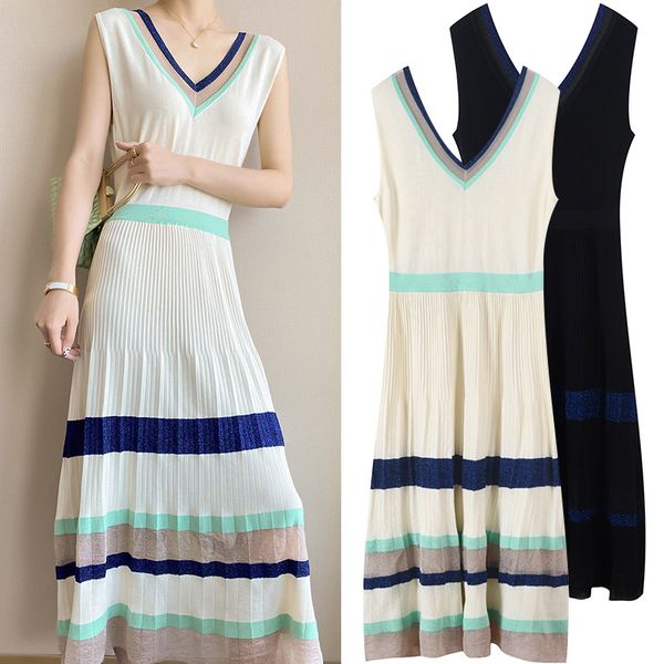 

office lady french elegant v-neck sleeveless contrast dress versatile elastic waist show thin stripe women pleated midi dress, Black;gray