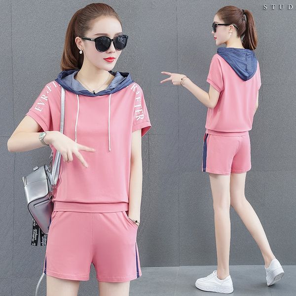 

summer sports suit for women 2020 new fashion casual trend hooded letter printing short sleeve shorts two-piece shorts and shortsset, Gray