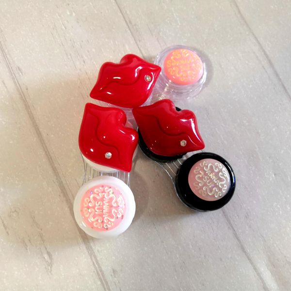 

personality new design flowers lips with rhinestone pocket contact lens case for lovers lady mirror lenses box, Silver