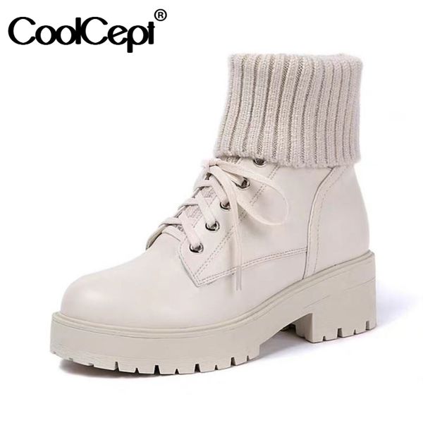 

coolcept women's ankle boots lace up solid color round toe thick heels shoes autumn winter daily women footwear size 35-40, Black