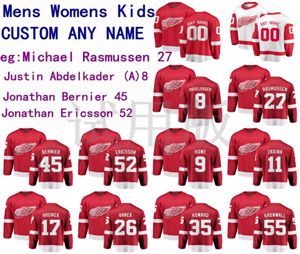 

detroit red wings jersey michael rasmussen justin abdelkader jonathan bernier jonathan ericsson men red white hockey jerseys custom stitched, Black;red