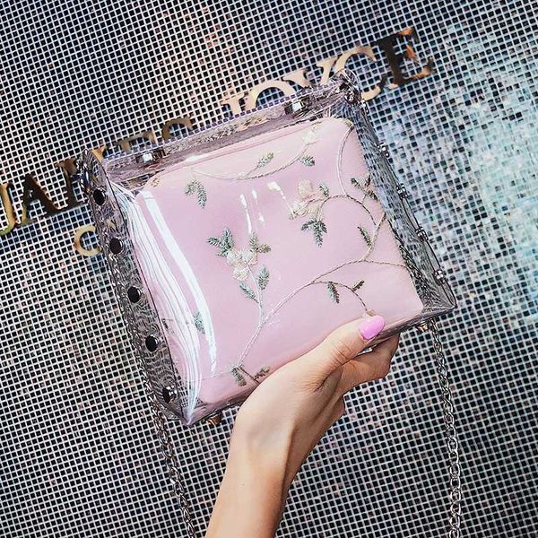

transparent jelly female bag 2020 new pvc women's designer handbag lady lace flower chain shoulder messenger bags