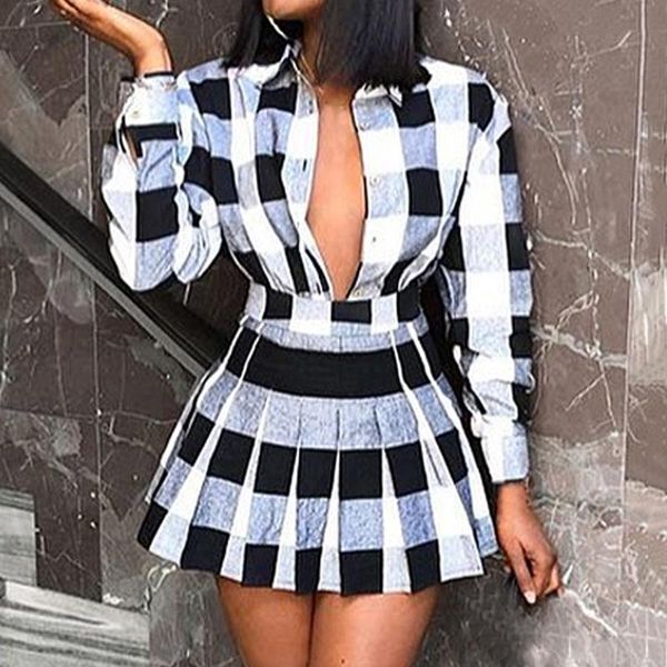 

laamei fashion sets women grid colorblock shirts and tight wasit pleated mini skirt ladies suits ropa mujer plus size s-xl, White