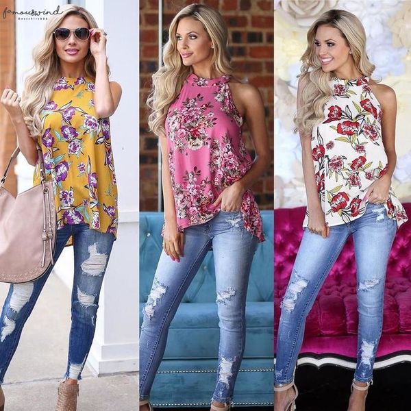 

elegant sleeveless halter womens chiffon blouses vintage floral printed summer boho beach shirts backless slim blusas mujer, White