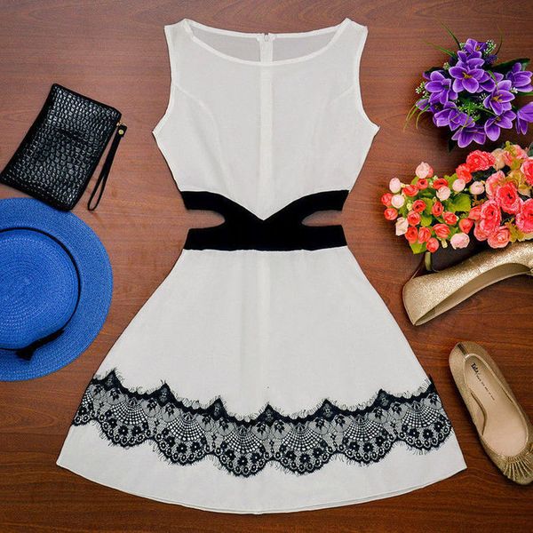 

women lace dresses summer casual sleeveless evening casual dresses party beach short tank hole hollow out mini dress black white, Black;gray