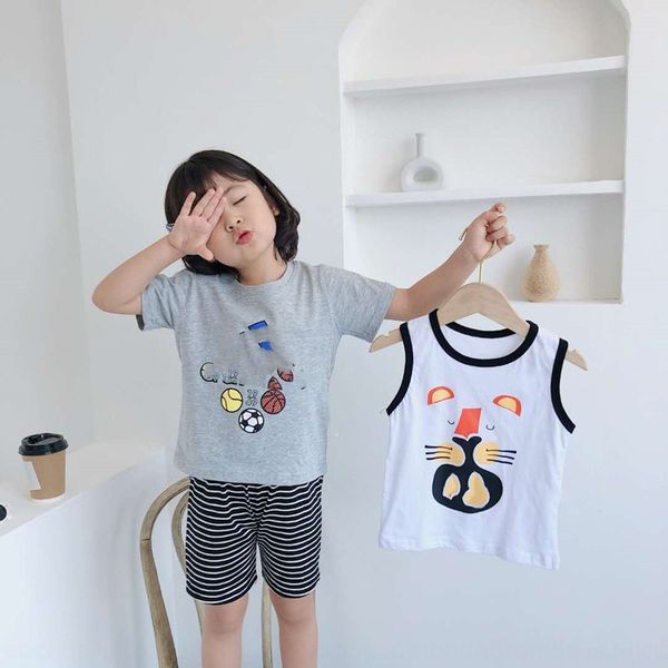 

132011 new children's all-match parent-child suit ad vest and shorts cartoon printed vest short-sleeved shorts three-piece suit