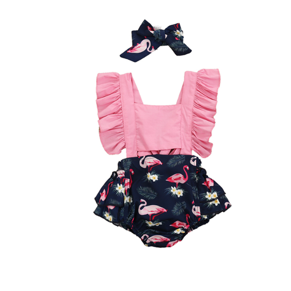 

summer 2020 new fashion cute suit 0-24m baby clothes ruffled sleeveless + flamingo printed halter jumpsuit + hair band, Blue