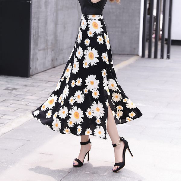 

skirts 1pcs women's plus size a-line 2021 summer fashion chiffon floral prints splicing fork opening ladies loose, Black