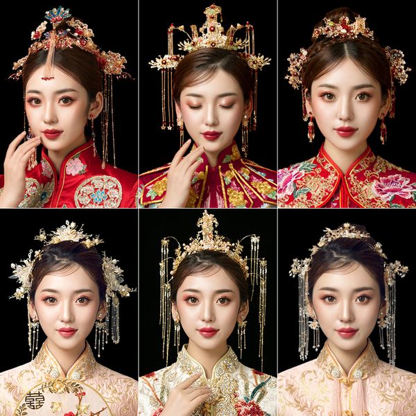 

chinese weheaddress tranditional wedding crown hair comb hairpins set brides costoume hair accessories floral headbands, Golden;silver