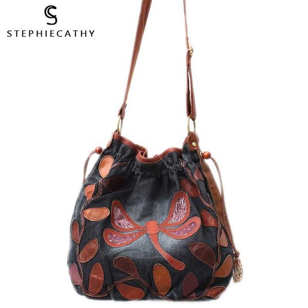 

sc vintage real leather bags women denim&leather patchwork shoulder bag ladies bucket handbag female drawstring hobo cross body