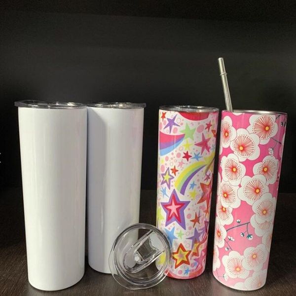 

20oz sublimation skinny tumblers straight blanks stainless steel coffee mugs with lid and plastic straw sippy cups lxl1424-1