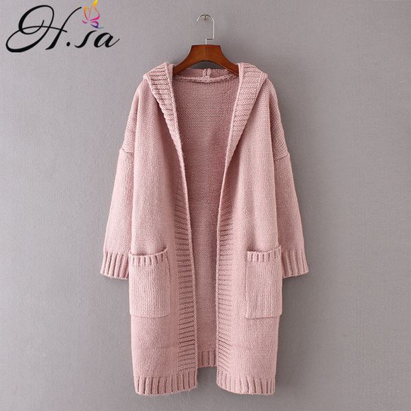 

h.sa 2020 autumn women long knitted sweater coat hooded sweater cardigans poncho pockets jumpers long casaco feminino, White