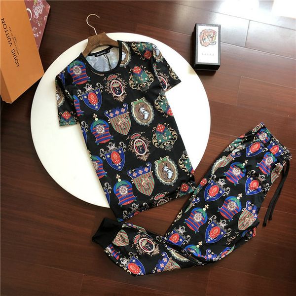 

summer men sportsuits breathable mens small round neck fashion printing/plaid/badge t-shirt + trousers loose tracksuit 100% cotton joggers, Gray