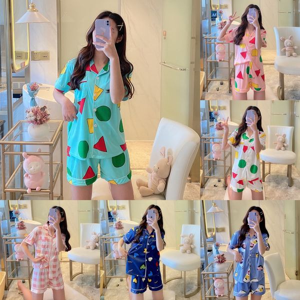 

summer new pajamas women's cardigan short sleeve lapel korean cute student suit sweet home clothes shorts and shorts home wear, Blue;red
