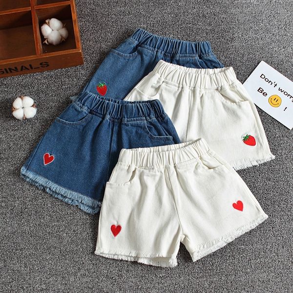 

9xsci girls' denim shorts and strawberry jeans summer 2020 new children's big children's love strawberry embroidery jeans wea, Blue