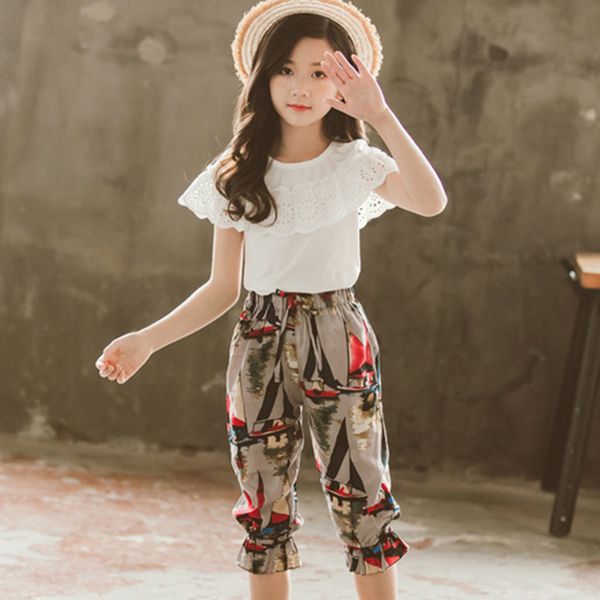 

одежда для девочек набор кружева рубашки + цветочные штаны 2pcs лета девушки комплект одежды мода дети одежда для девочек 6 8 10 12 13 14 го, White