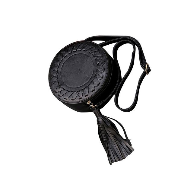 

women leather female zipper messenger bags round casual one shoulder adjustable braided tassel small round bag